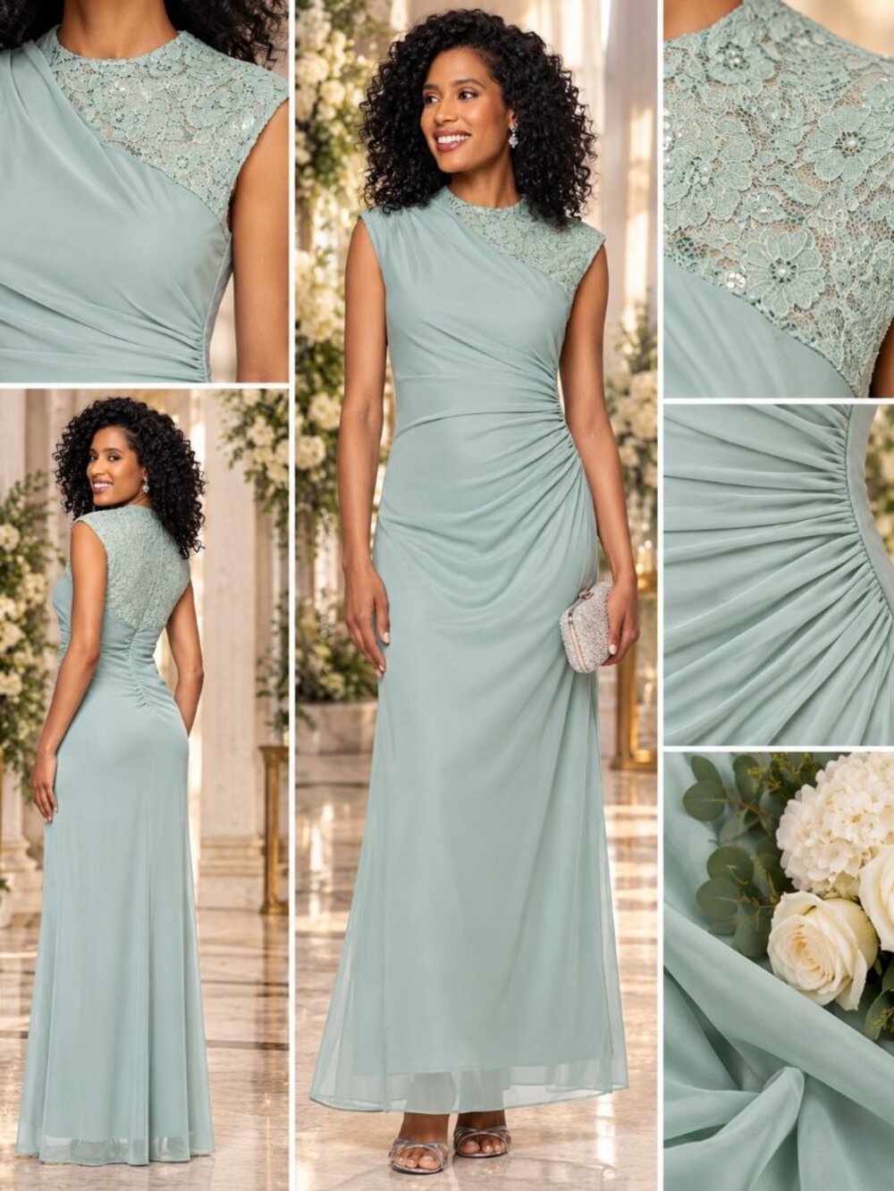 BA Betsy & Adam Size 16 Sage Lace Ruched Draped Formal Evening Gown
